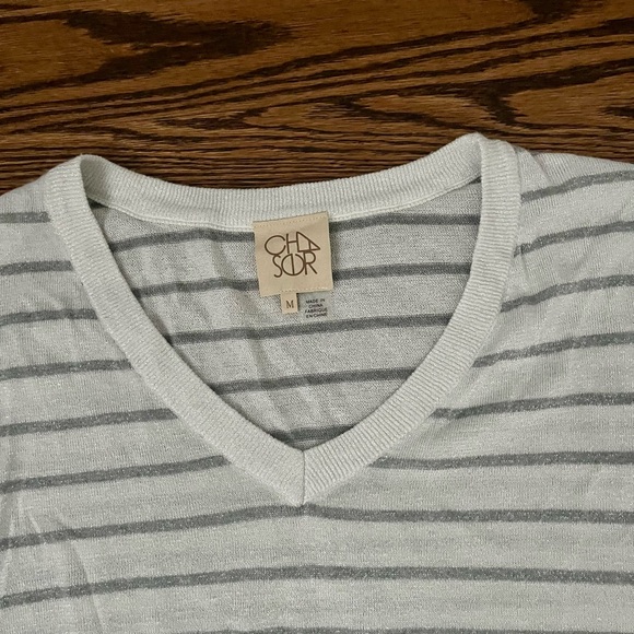 women’s CHASER Lurex Striped Grey White V Neck Sweater Top Sparkle Medium Crop - Picture 5 of 9
